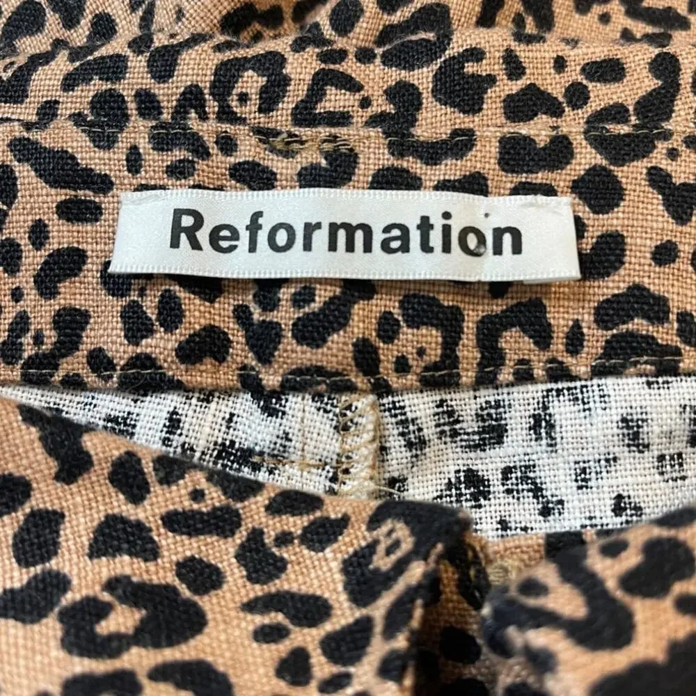 Reformation Jackie Cropped Belted Leopard Print Linen Wide Leg Pants Size 2